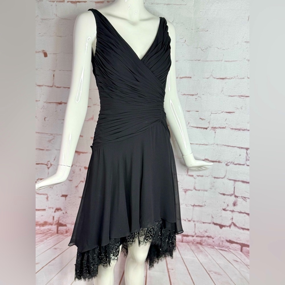 TADASHI S Petite Black Chiffon Pin Tucked Hi Lo Ruched Cocktail Party Dress - Picture 12 of 15